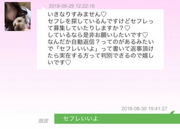 いきなりすみません♡セフレを探しているんですけどセフレって募集してたりしますか?♡しているなら是非お願いしたいです♡なんだか自動返信?ってのがあるみたいで「セフレいいよ」って書いて返事頂けたら実在する方って判別できるので嬉しいです♡